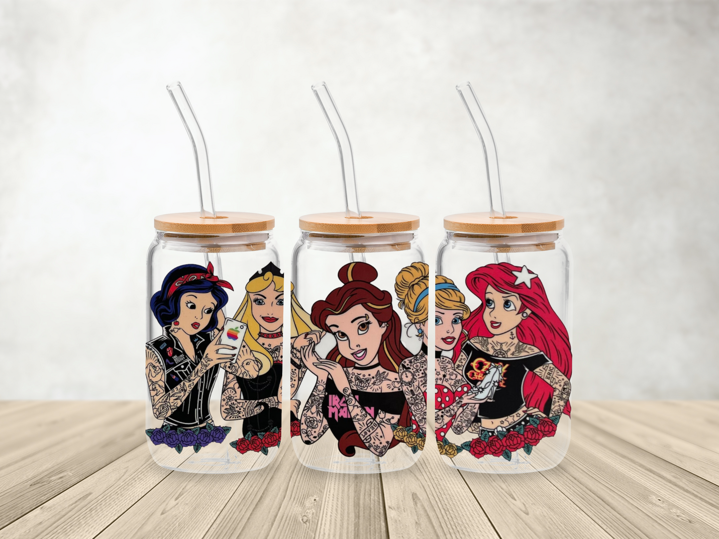 Tattooed Princesses | 16oz Glass Tumbler with Bamboo lid and Straw