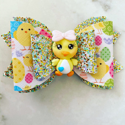 Girl's Faux Leather Easter Hair Bow with Duckling Clay Embellishment Hair Clip