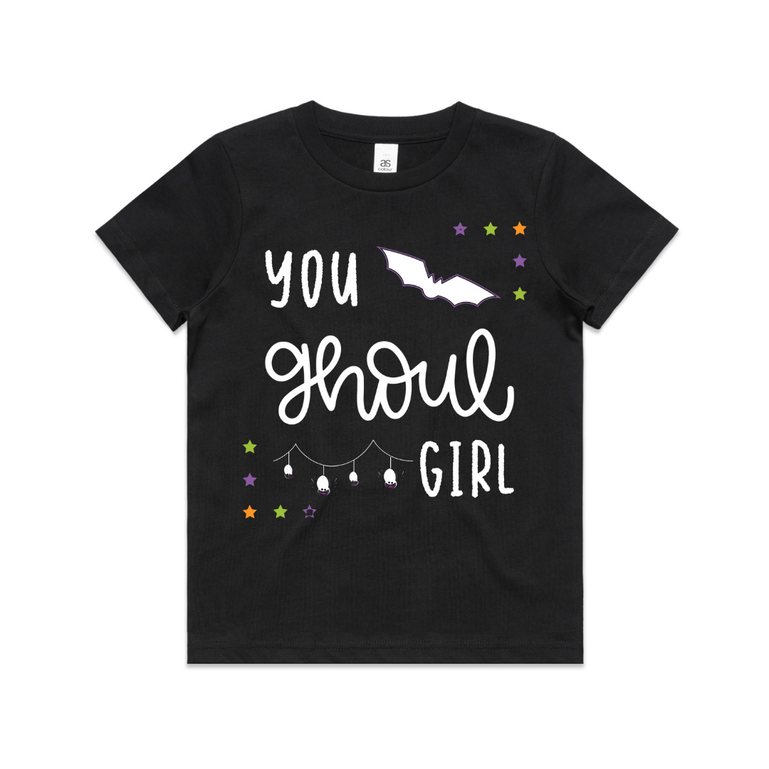 Black t-shirt with  purple, green and orange stars with white vinyl that says You Ghoul Girl. A white bat and white spider web.