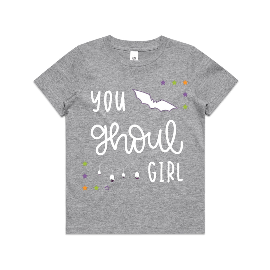 Grey T-Shirt with purple, green and orange stars, white bat and hanging spiders. T-Shirt has white writing that says You Ghoul Girl.