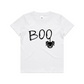White t-shirt with black writing saying Boo and spider