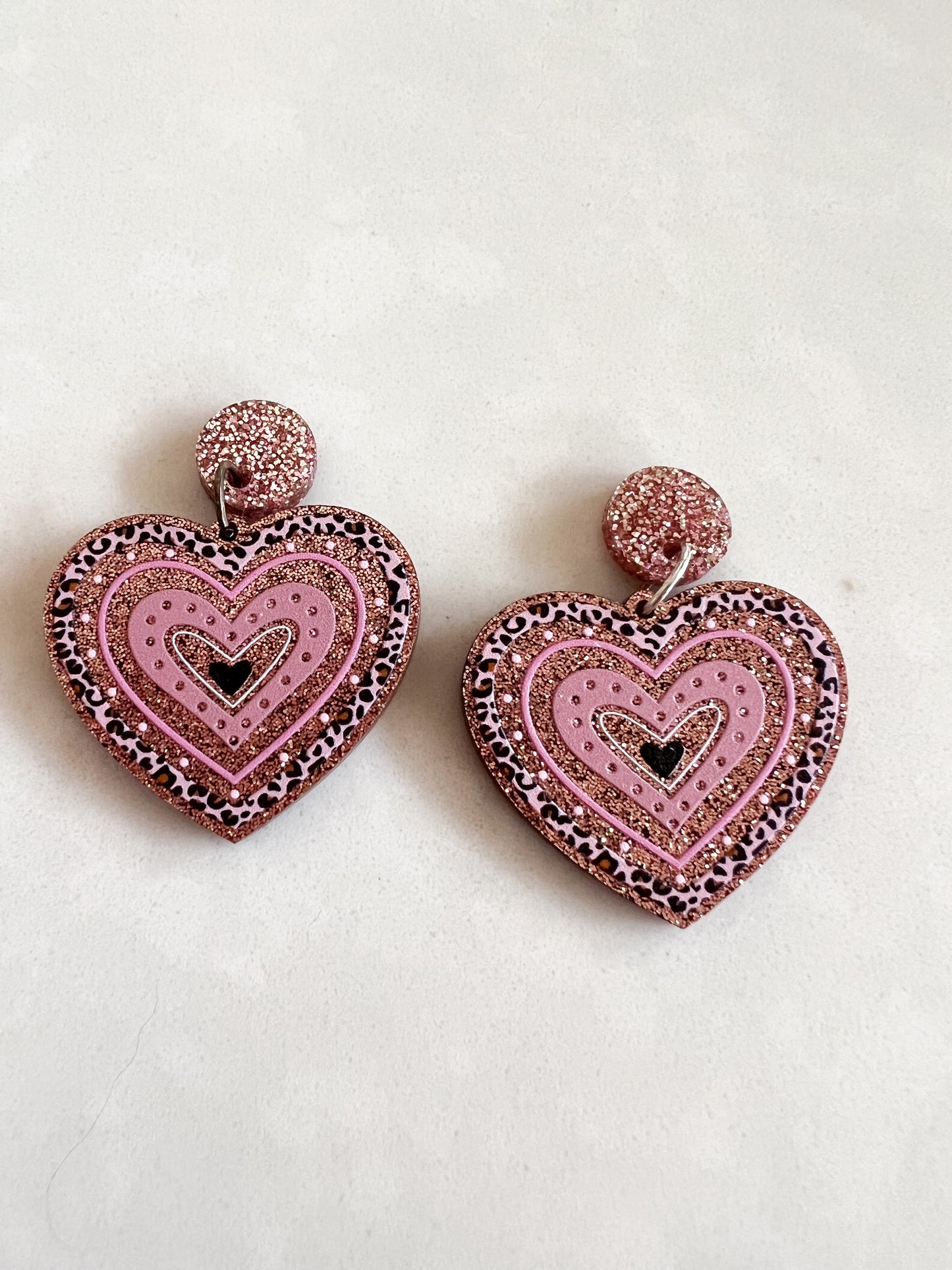Pink Leopard Heart Acrylic Stud Dangle Earrings