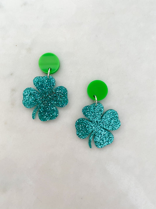 Green Glitter Acrylic Stud Dangle Earrings | 4 Leaf Clover | St Patrick's Day