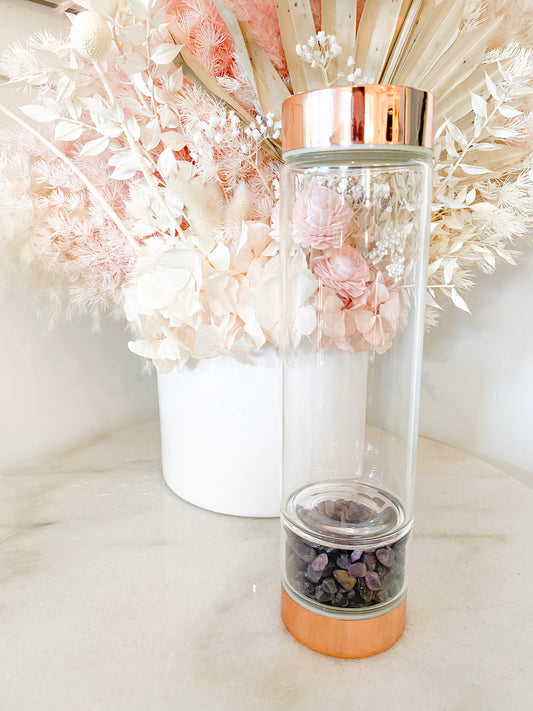 550ml Rose Gold Glass Bottle infused with Amethyst Crystals | Crystal Healing | Crystal Elixir