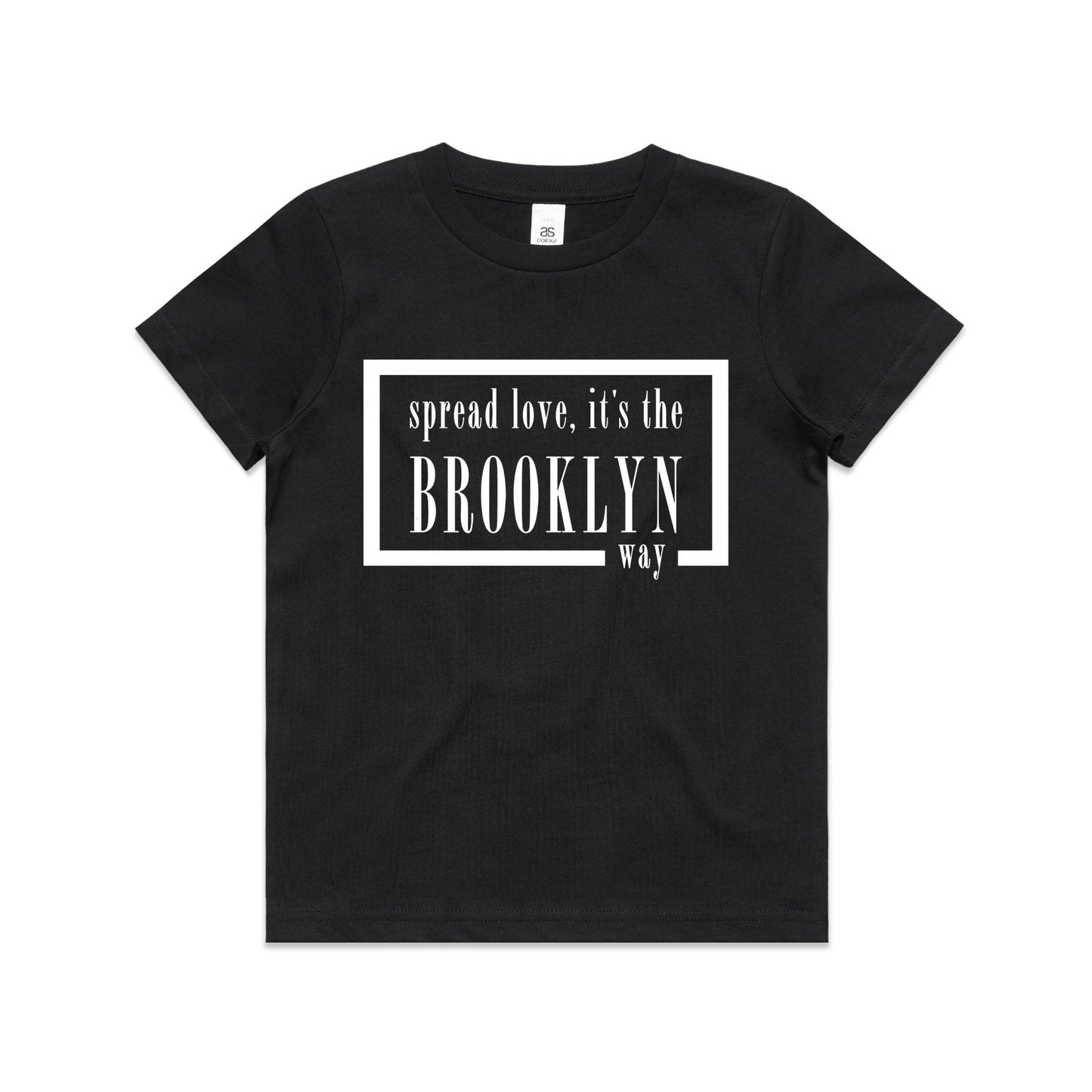 Black t-shirt with white writing that says spread love, its the Brooklyn way. Surrounded by a solid white box