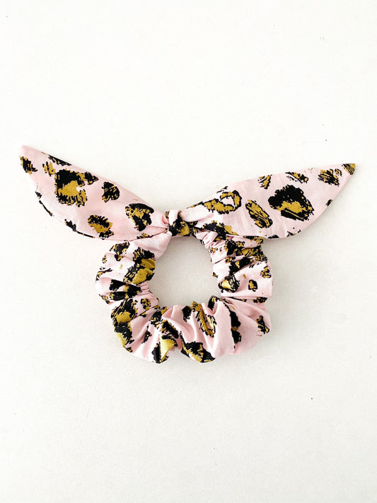 Bunny Ear/ Bow Scrunchie Pink and Gold Leopard Print.